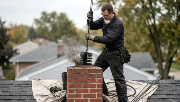 Chimney sweep cleaning a chimney from a Greenwood Village rooftop