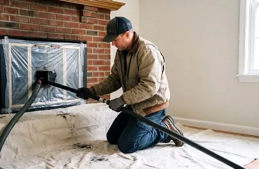 Drop cloths and vacuum keeping a room clean during a chimney sweep
