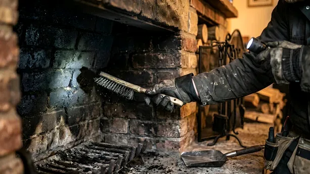 Brushing out a firebox in a Highlands Ranch home