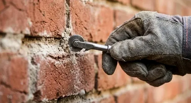 Mortar joints being tooled in brick