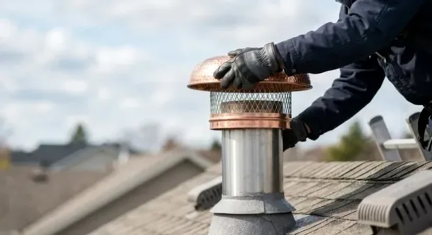 New metal chimney cap with spark arrestor mesh being installed